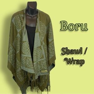 Jimmy Hourihan Fringed Shawl with Celtic Motif Boru Irish Wrap Muti Green